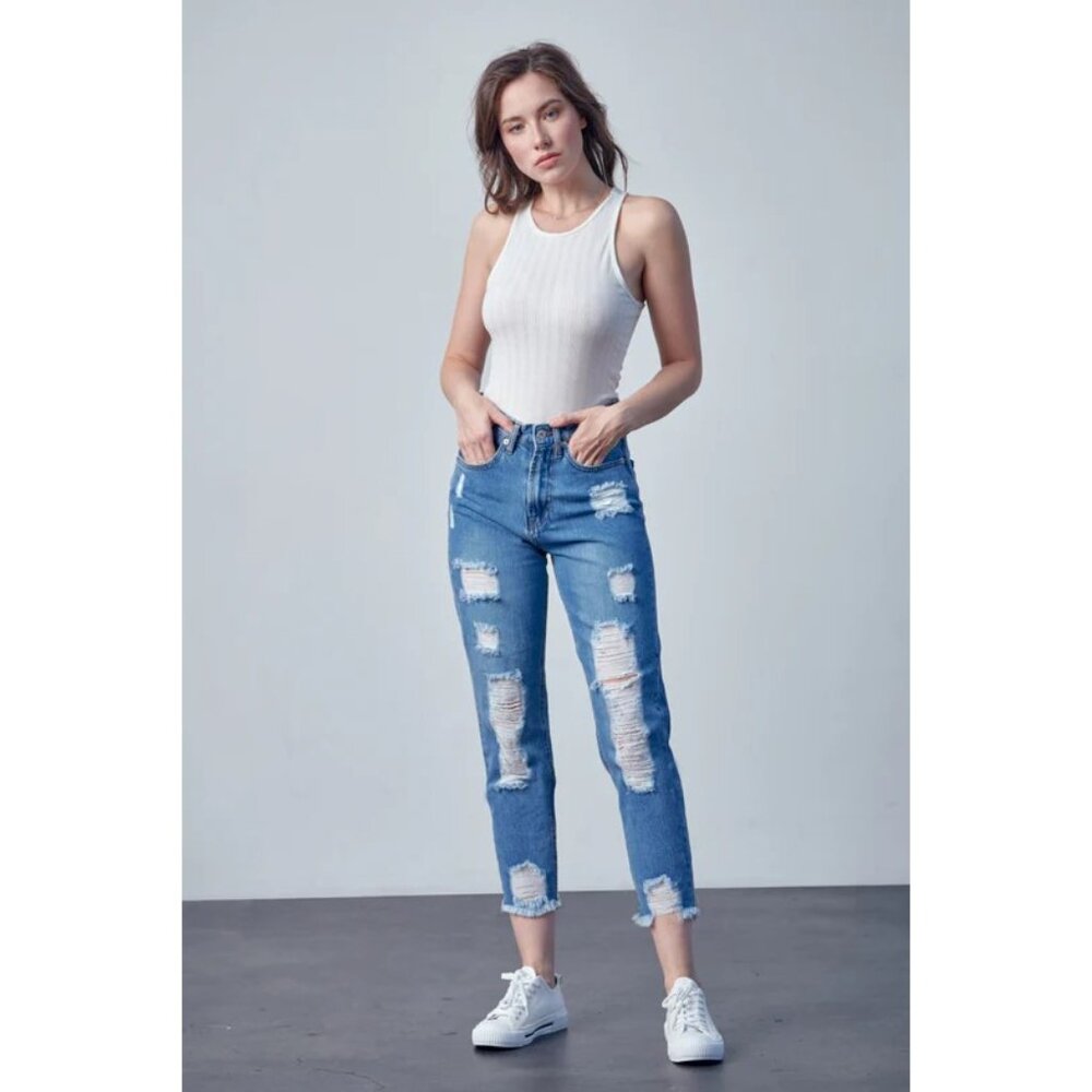Muselooks Distressed Mom Jeans in Light Wash